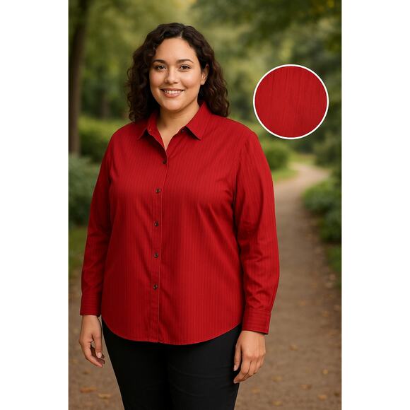 EDDIE BAUER Red Pinstripe Button Down Shirt XXL Stretch Wrinkle Resistant Career - Picture 2 of 11